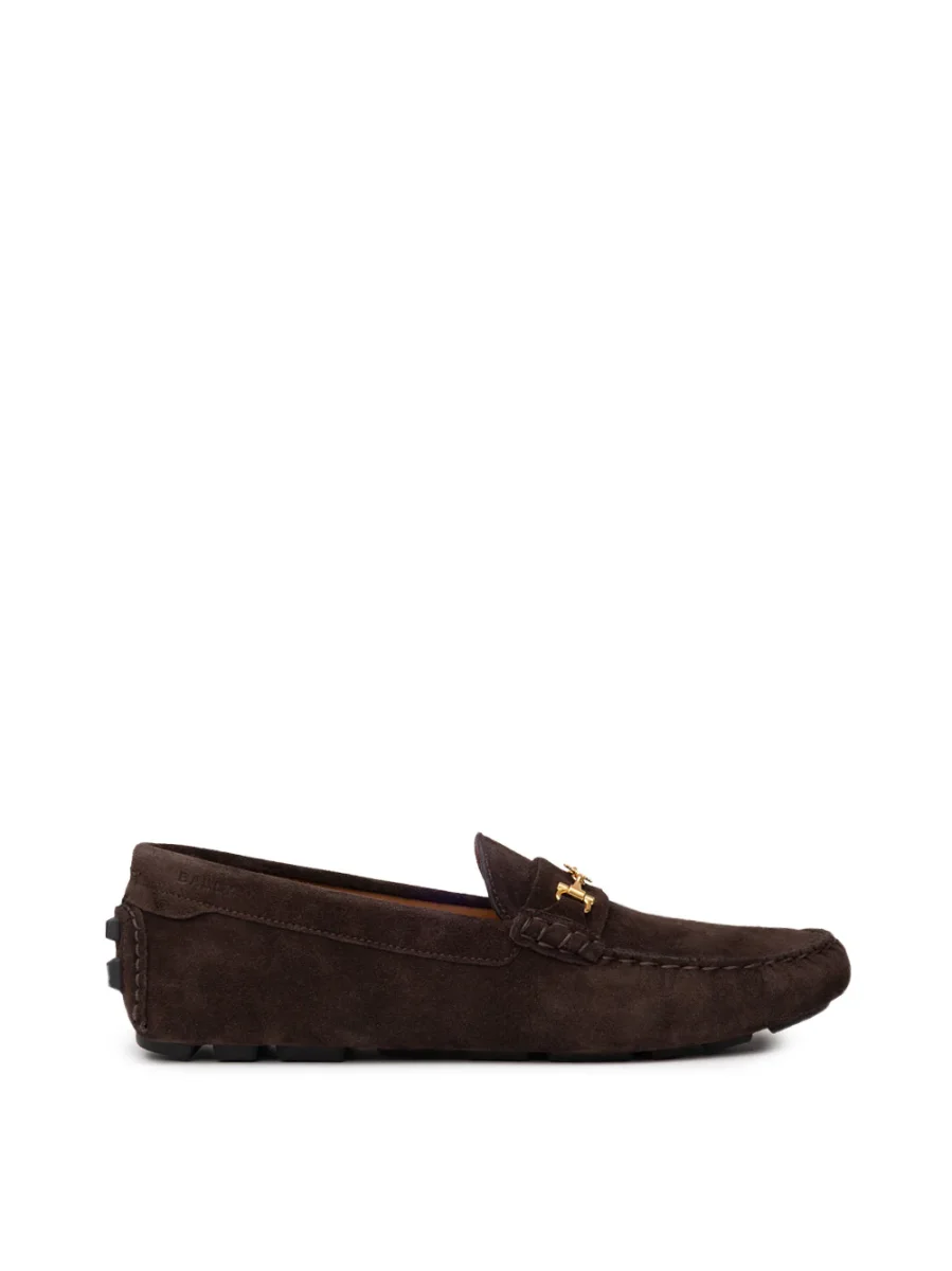Mocassini Bally in Suede Marrone con Logo Gold - immagine 2