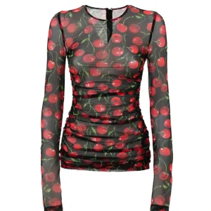 Maglia a Manica Lunga in Tulle Nero Stampa Ciliegie Dolce & Gabbana