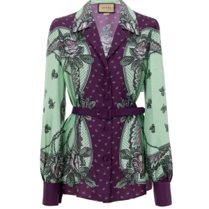 Camicia in Seta con Stampa Verde Menta e Viola Gucci