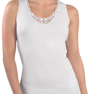 CANOTTA SPALLA LARGA DONNA APPLICAZIONE MACRAMÈ 100% COTONE CALDO INTERLOCK