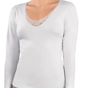 MAGLIA MANICA LUNGA DONNA APPLICAZIONE MACRAMÈ 100% COTONE CALDO INTERLOCK