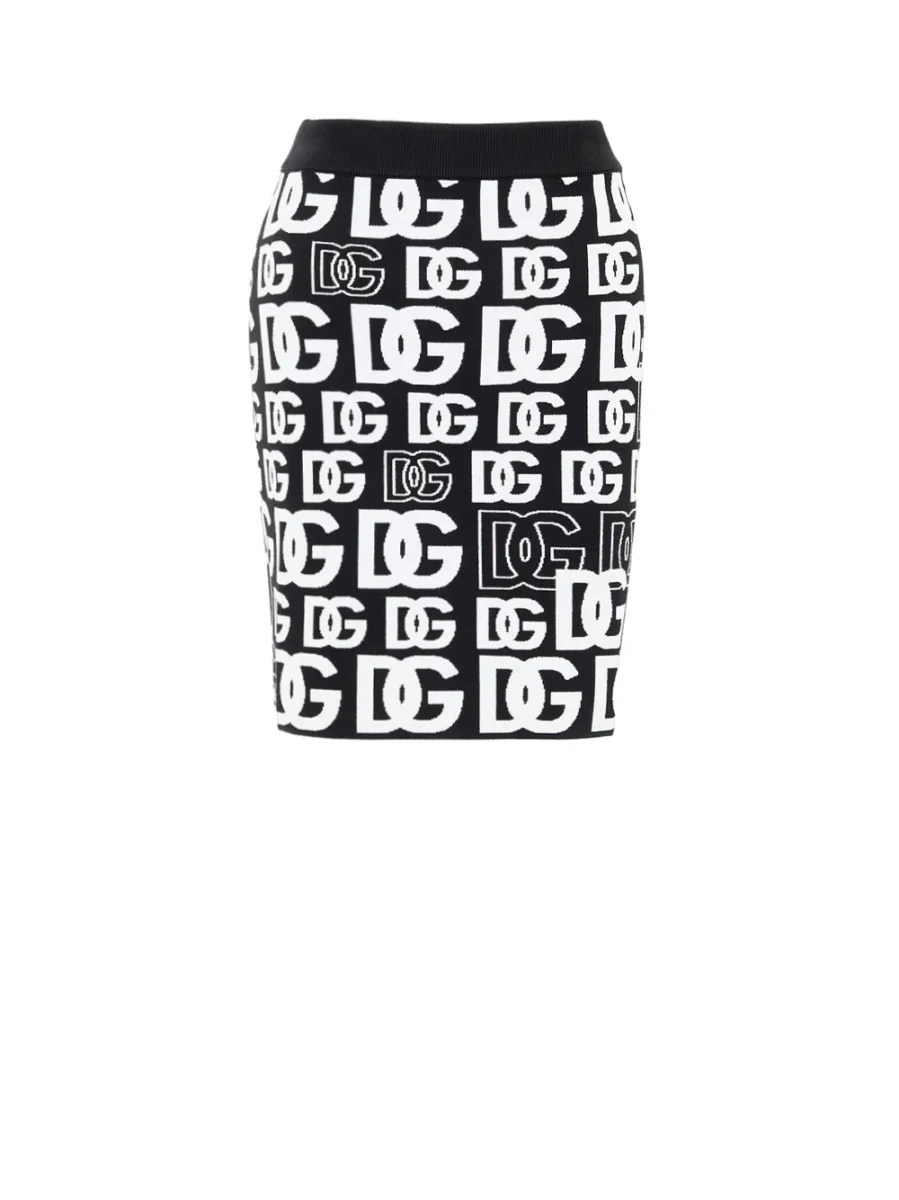 Minigonna in Maglina Nera con Stampa Allover Dolce & Gabbana
