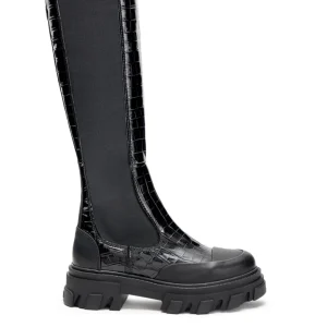 Stivali Alti Chelsea Neri Knee-High con Effetto Coccodrillo