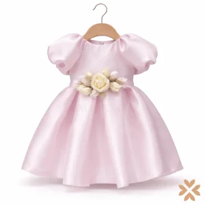 Abito rosa organza lucida con spilla