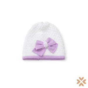 Cappellino in filo – bianco e glicine con fiocco – Primodì Bebè