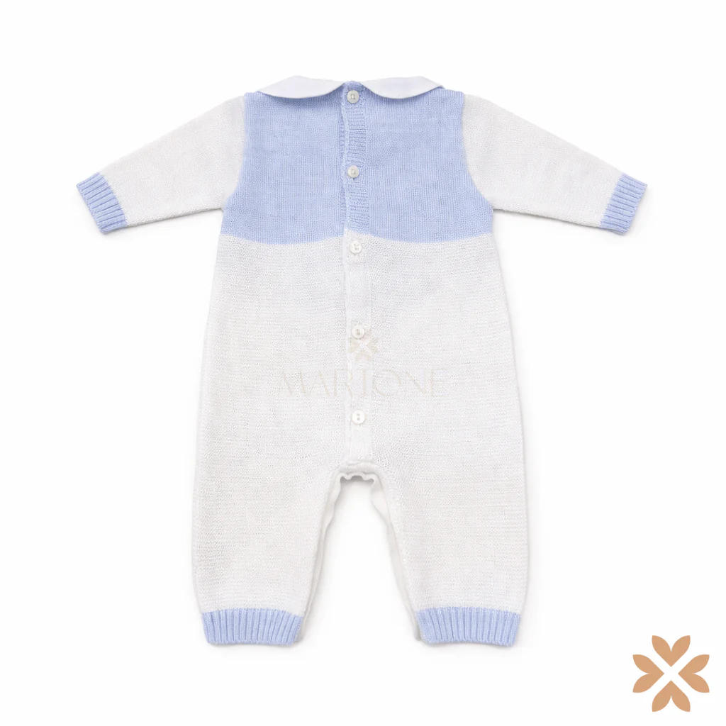 Tutina intera in filo celeste e bianco con fiocco – Primodì Bebè - immagine 3