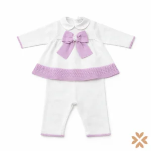 Tutina spezzata in filo  bianco e lilla con fiocco  - Primodì Bebè