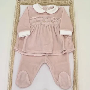 Tutina spezzata in ciniglia con punto smock